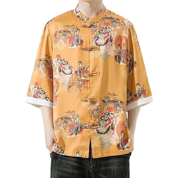 Camisas Hawaianas Para Hombre Camiseta de manga corta con cuello Vintage Tang para hombre, traje Tang con hebilla de placa, camisetas transpirables informales Hanfu para hombre (Yellow, XXL)
