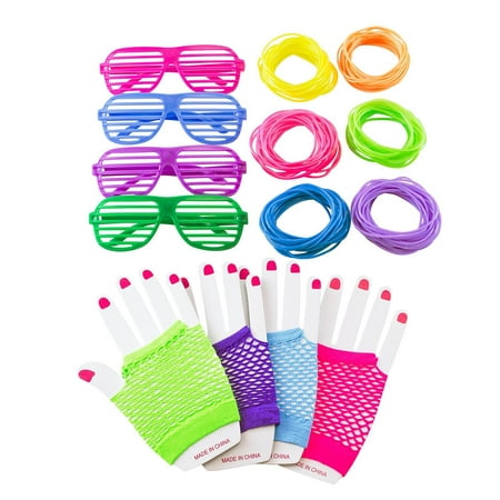 80s Retro Rock Pop Star Disco Dress-Up Party Pack Supply Set, Diva Finger-less Net Gloves, Shutter Style Glasses, Jelly Neon Gel Bracelets by Super Z Outlet