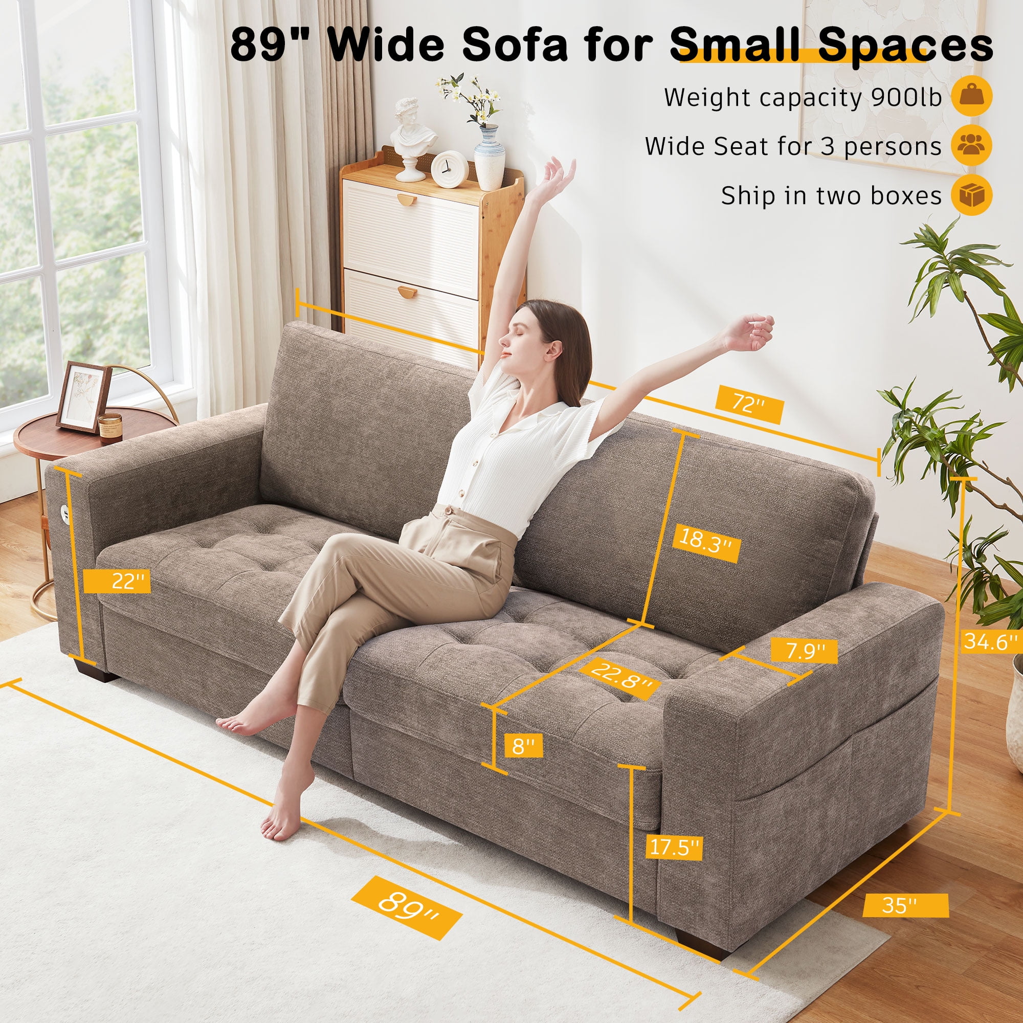 Bedluxury 89" Deep Sofa Couch with USB/Type-C Charging, Storage Pocket & Wide Armrest, Removable Cover, Seats 3 Adults, Chenille Brown