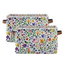 Yayeee 2 Pack Canvas Storage Basket with Handles for Shelves Fabric Bins Closet Organizer, Green Wildflower Pattern