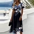 thumbnail image 2 of Women's V Neck Short Sleeve Dress Vintage Floral Print A Line Midi Casual Summer Outfit Flowy Lightweight Party Wear Vacation Going Out Chic Womens Dress Black L, 2 of 6