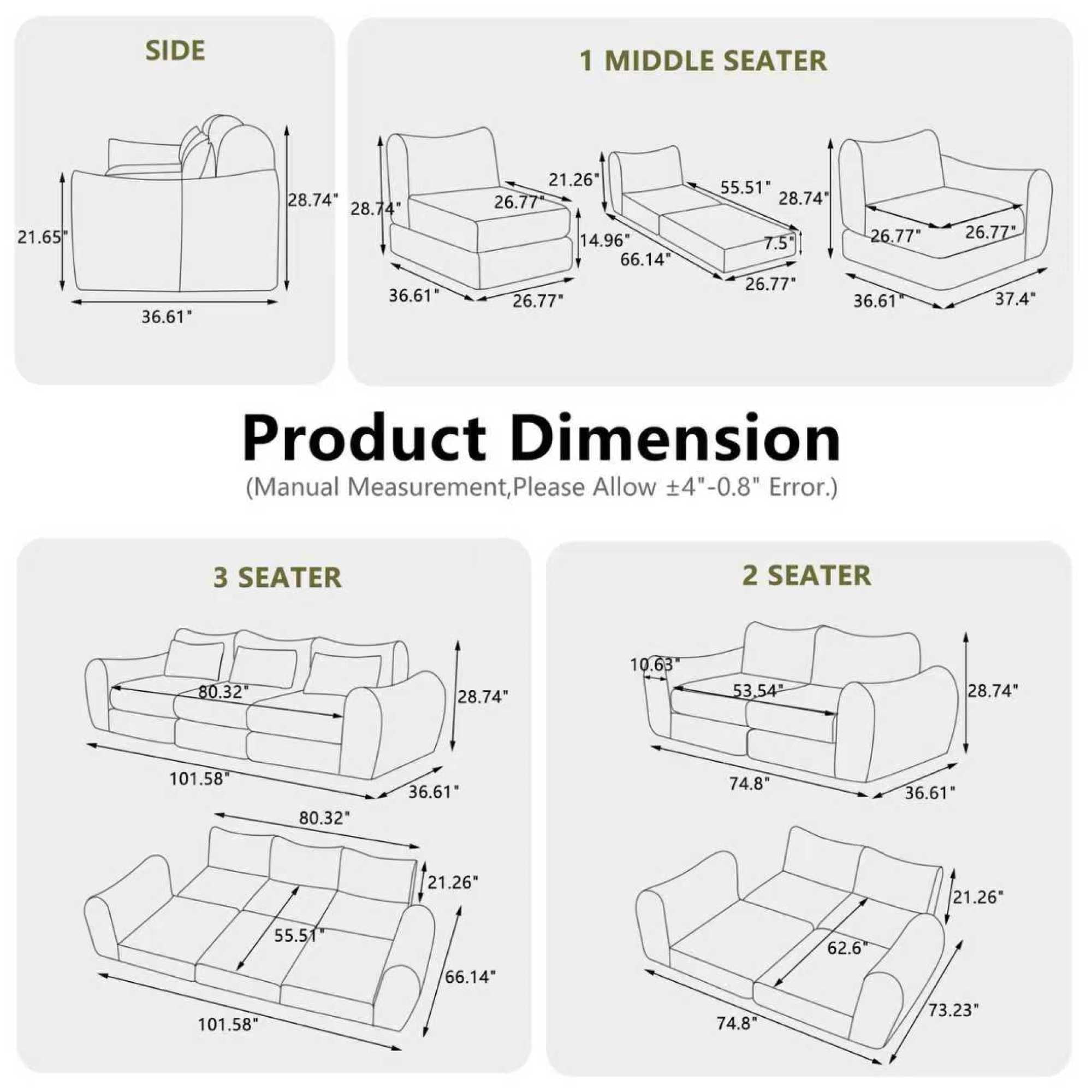 101.5" Modular Sectional Sofa,Chenille Cloud Sofa Couch Convertible Folding Sofa Bed for Living Room,Bedroom,Apartment,White