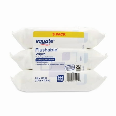Flushable Wet Wipes, Fragrance Free, 144 Wipes (3 Pack)