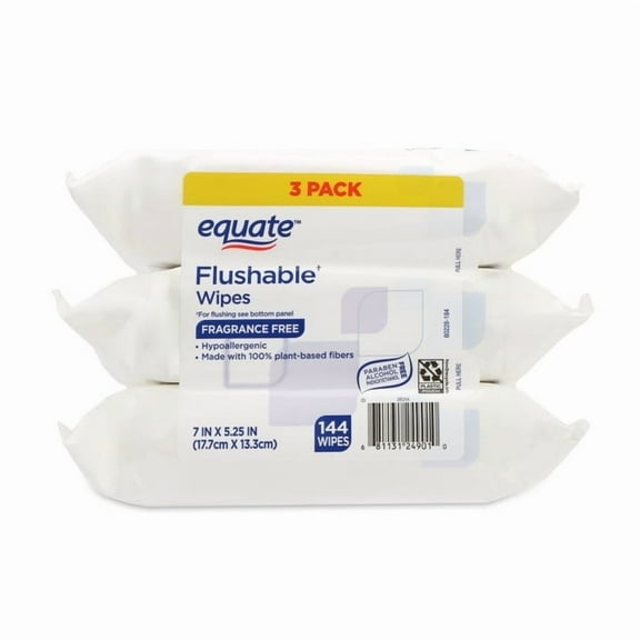 Flushable Wet Wipes, Fragrance Free, 144 Wipes (3 Pack)