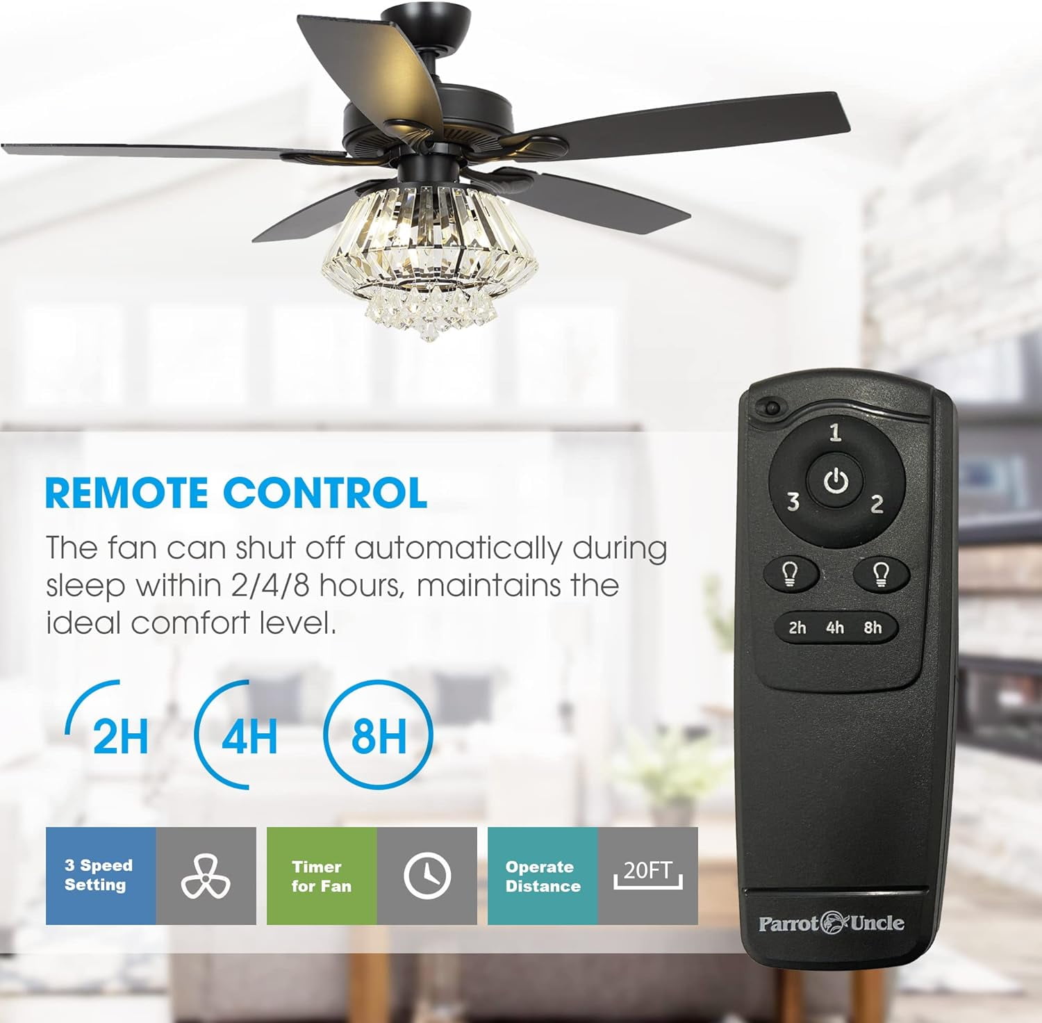 Parrot Uncle Ceiling Fan with Remote Control 52 inch Diamond Crystal Chandelier Fan with Light 5 Reversible Blades Ceiling Fan, 3 Bulbs Not Included, Black