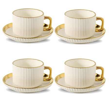 LETAOTAO Cappuccino Cups with Saucers, 8oz Ceramic Coffee Cups with Saucers Set, Latte Art Coffee Mugs with Gold Trim, Tea Cups Set of 4, British/Italian Coffee cups for Cafe Mocha, Double Espresso