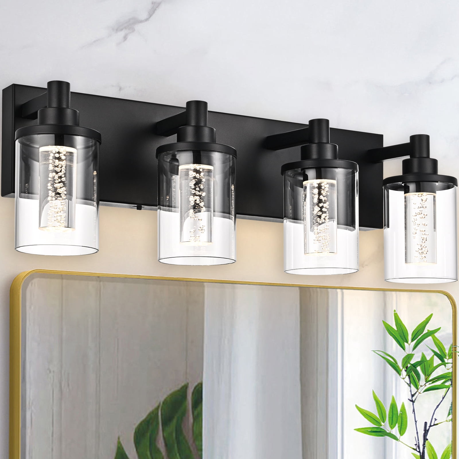 Melucee 5CCT Dimmable LED Black Vanity Lights 4-light, Modern Vanity Lighting Fixtures with Crystal Light Columns and Clear Glass for Bathroom Bedroom