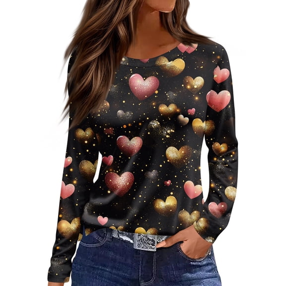 Garbnen Valentine Day Shirts for Women Love Print Crew Neck Womens Long Sleeve Shirt Fashion Spring Summer Womens Graphic T Shirts