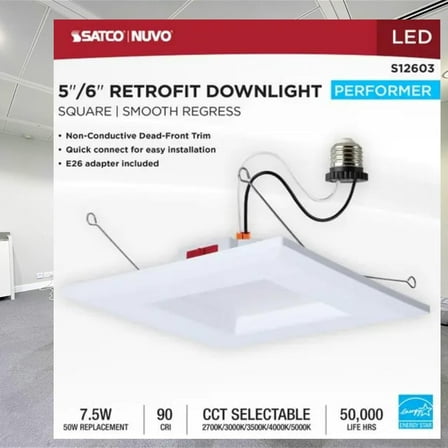 Satco S12603 8 Watt 5–6 Inch LED Downlight Retrofit CCT Selectable 2700K 3000K 3500K 4000K 5000K Square White Finish Energy Efficient Recessed Fixture
