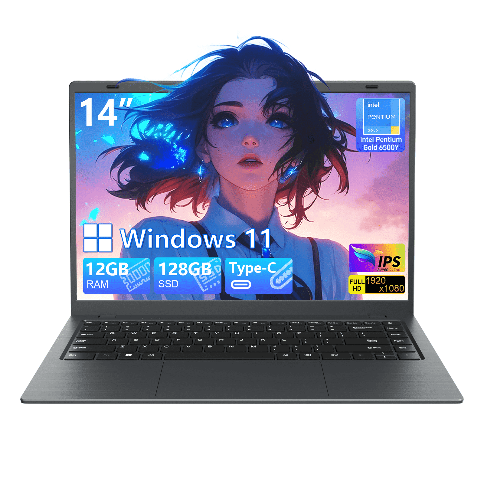 SHBIV 14" Laptop Computer,12GB RAM 128GB SSD,Intel 6500Y with 2 Cores up to 3.4GHz,1080p Display,Office 2024,Type-C PD WiFi5 BT5.0,Windows 11 for Business Study Home (Gray)