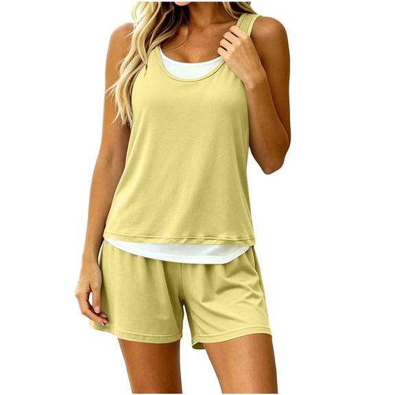 Kaemgyyd Pajamas Set for Women Color Block Lounge Sets Crew Neck Tank Top with Shorts Soft Comfy Sleepwear(Yellow,X-Large)