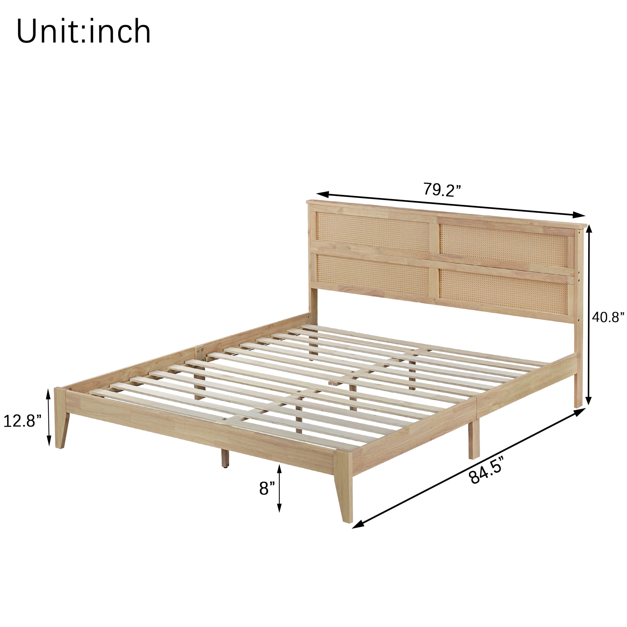 King Size Solid Wood Bed with Rattan Headboard, Rubber Wood Bed Frame with Central Support Beams and 8 Inch Underbed Storage for Bedroom, Natural, 84.5x79.2x40.8 Inch