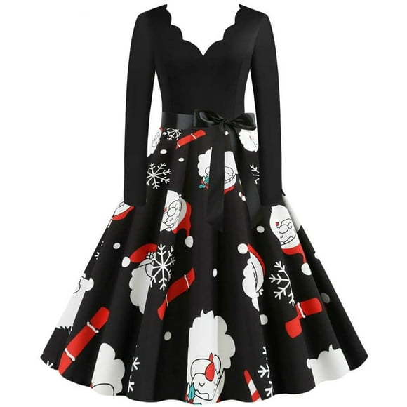 ATTOE Music Note Print Elegant Party Dresses Women 1950s 60s Retro Vintage Robe Plus Size Casual Christmas S-3XL (Color : B007, Size : Medium)