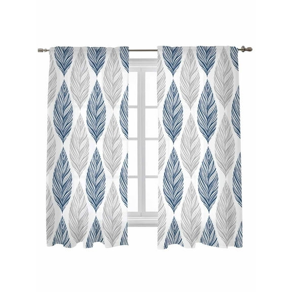 Navy Blue Grey Leaves Curtains 63 Inch Length,Sheer Curtains for Bedroom Living Room Window Summer Tropical Plant Aesthetics Rod Pocket Drapes Kitchen Curtains Small Half Window 42"x63" 2 Panels