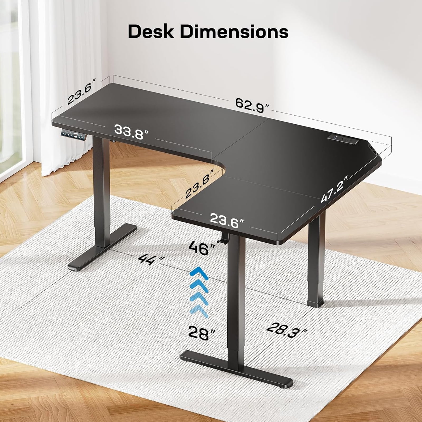 Kyspho 63″ L-Shaped Electric Standing Desk with Built-in Power Outlets & 3 Memory Presets, Large Corner Computer Desk with Cable Management, Black
