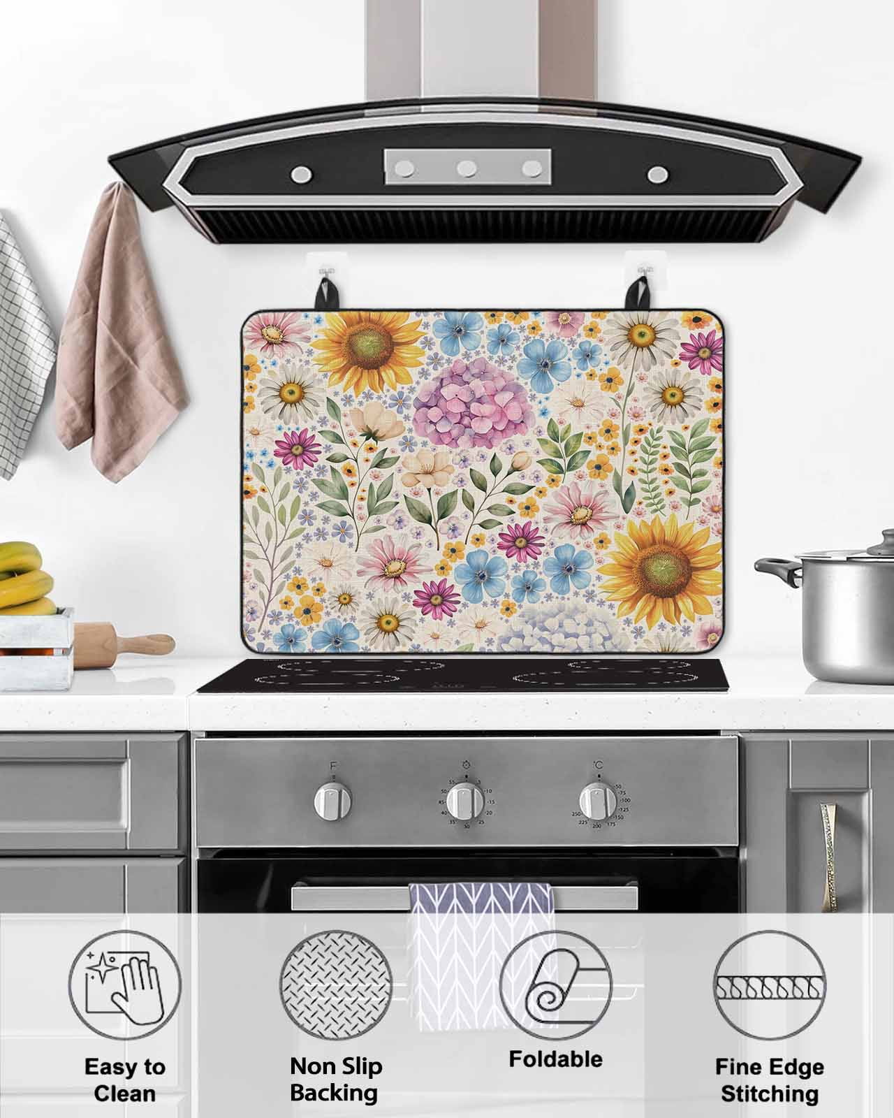 Large Induction Cooktop Protector Mat Sunflower Vintage Stove Top Covers for Electric Stove, Colorful Flowers Summer Botanical Retro Art Decorative Stove Burner Cover Mats, Glass Top Stove Cover