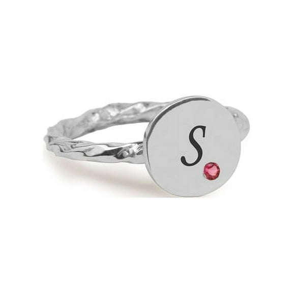 Personalized Laser Engraved Single Initial Round Disc on Twisted Shank Ring with One Birthstone