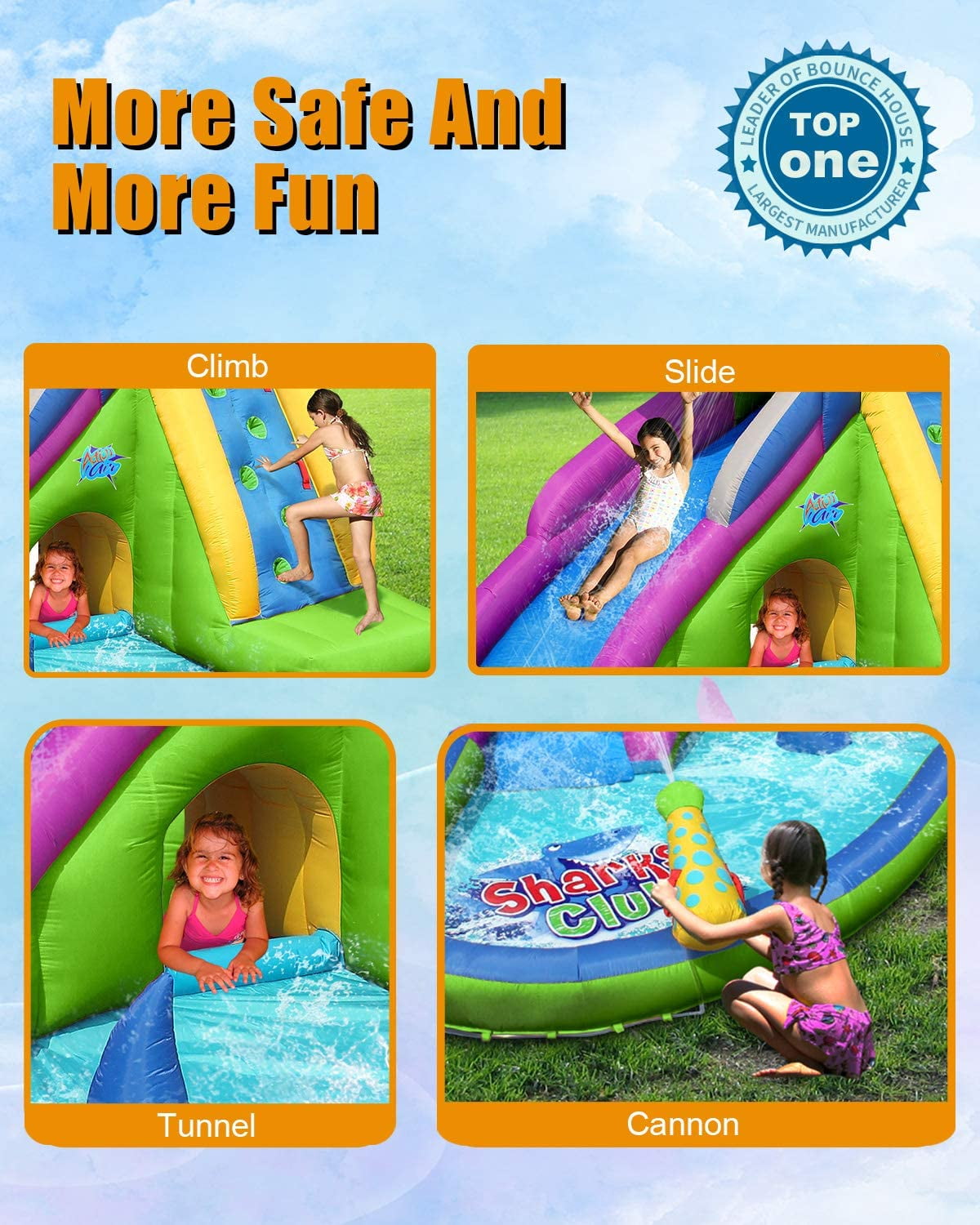 ACTION AIR Inflatable Water Slide, 15' Shark Bounce House with Water Gun and Splash Pool