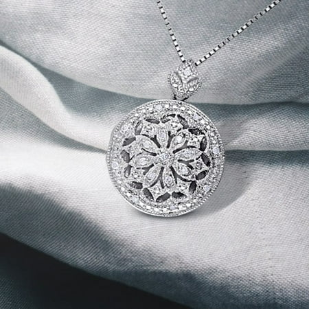 Vintage Cameo Locket - Sterling Silver Vintage 1/10ct TDW Diamond Locket Floral Drop Necklace