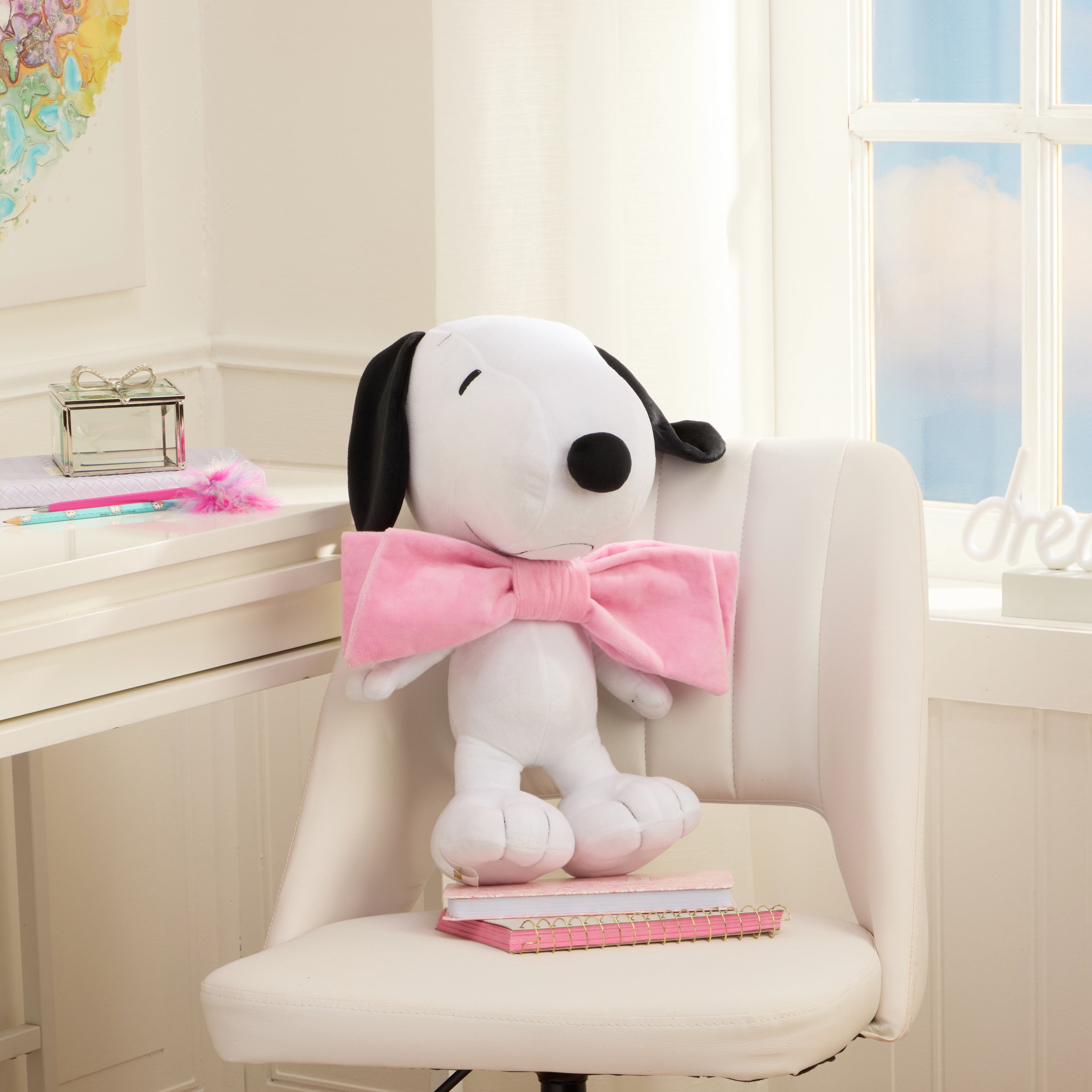 Peanuts Snoopy Kids Pink Bow Bedding Plush Cuddle and Decorative Pillow Buddy, Sanrio