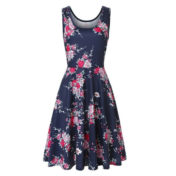 IROINNID A-Line Dress For Women Sleeveless Printed Skinny Long Dress V-Neck Knee-Length Dress