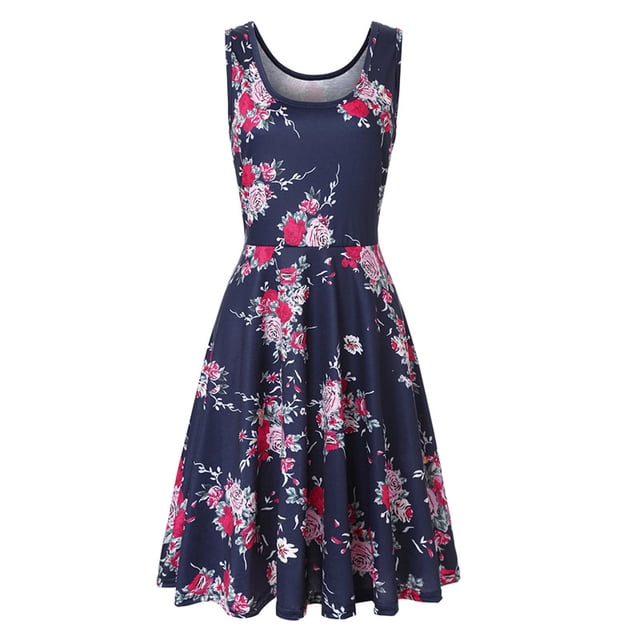 Pompotops Mode Robe Débardeur Sans Manches Imprimée Col en V Ligne A Robe Longue