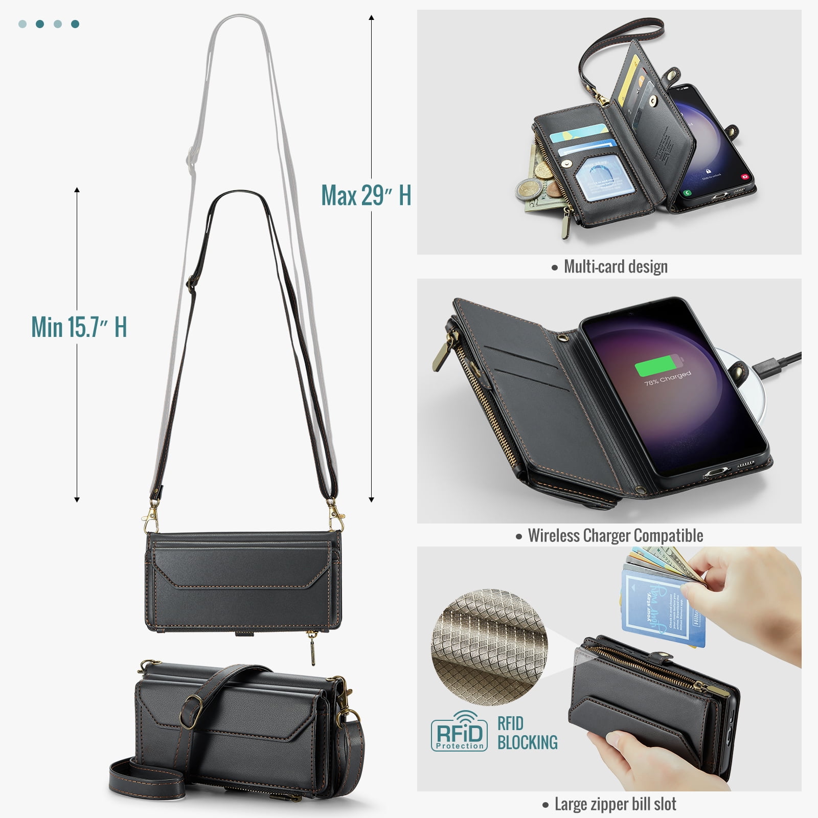Compatible with Samsung Galaxy S23 5G Zipper Wallet Phone Case Tempered Glass Screen Protector Crossbody Lanyard Strap Flip Card Holder Slot Cell Cover for S 23 23S GS23 G5 SM-S911U 6.1 Women Black