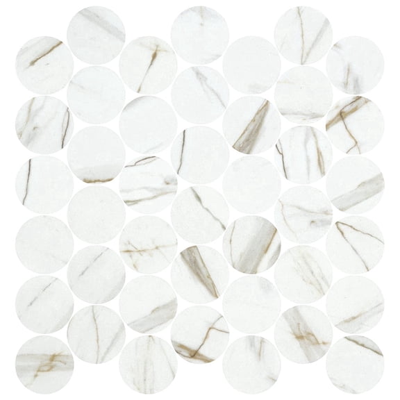 The Tile Life Eterna Big Penny Calacatta Gold 4" x 4" Glass Round Mosaic Tile Sample