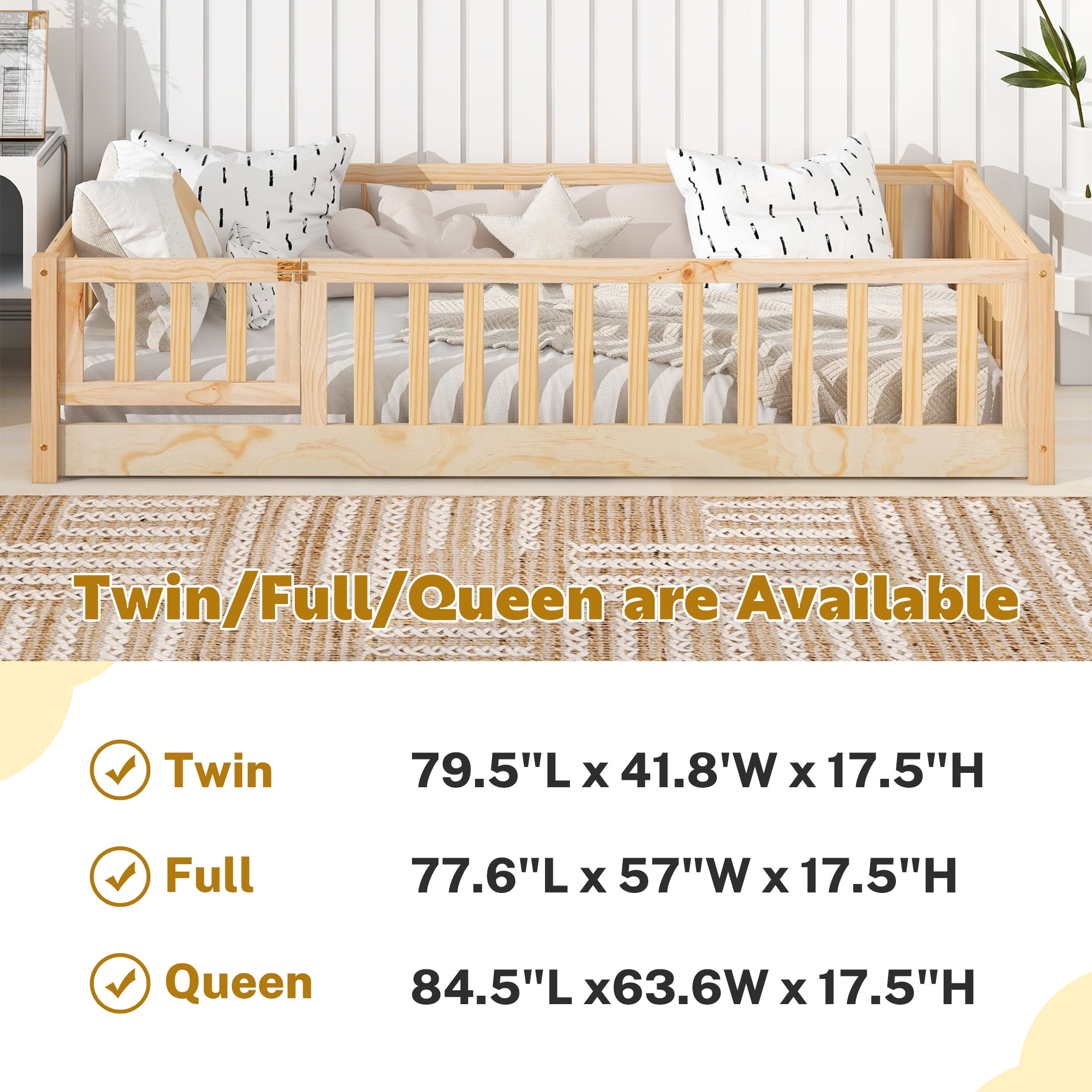 PAPROOS Twin Size Floor Bed, Solid Wood Toddler Bed with Slat, Fence Guardrail and Door, No Box Spri(图4) PAPROOS Twin Size Floor Bed, Solid Wood Toddler Bed with Slat, Fence Guardrail and Door, No Box Spri(图4)