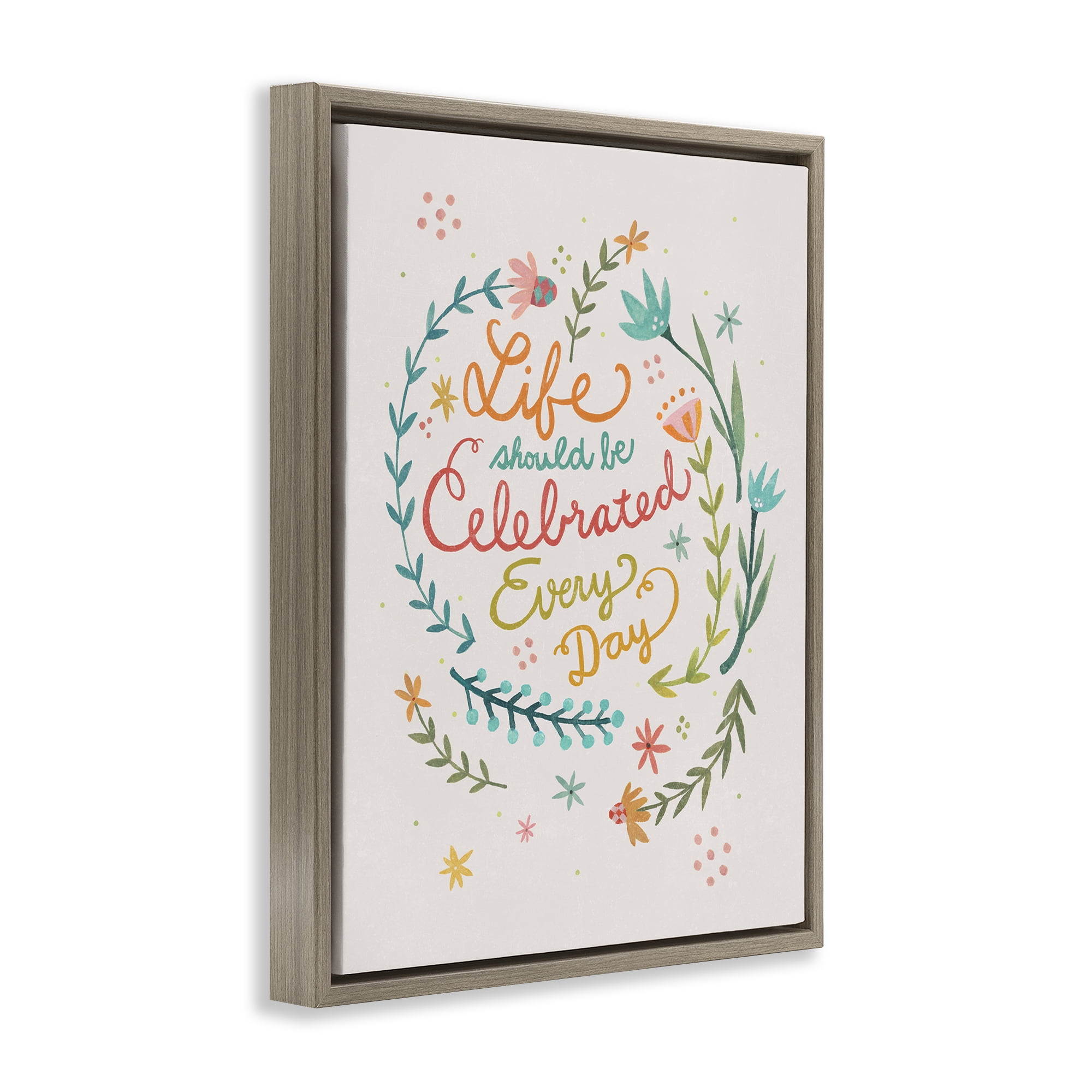 Stupell Industries Life Celebrated with Floral Sprigs Plants & Flowers Painting Brown Floater Framed Canvas Art Print Wall Art, 17 x 21