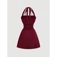 thumbnail image 2 of Womens Burgundy Halter Neck Ruched Waist A-Line Mini Dress, 2 of 5