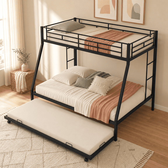 ELLEGNT White Twin Over Full Metal Bunk Bed with Trundle, Guard Rail, Ladders, No Box Spring