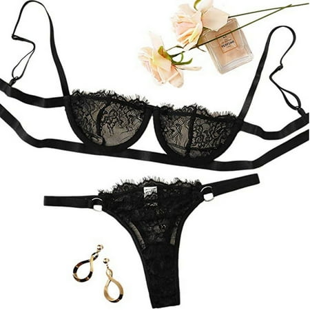 

Fengqque Sexy Underwear Lace Eyelash Underwear Perspective Fun Suit With Steel Ring