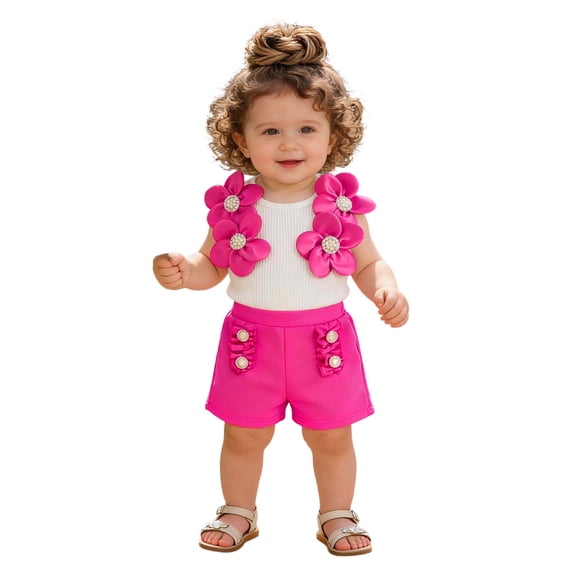 JAJAHO Baby Girls Clothes 2 Piece Outfits Summer Toddler Sleeveless Floral Appliques Tank Tops And Shorts Set Comfortable Outfit