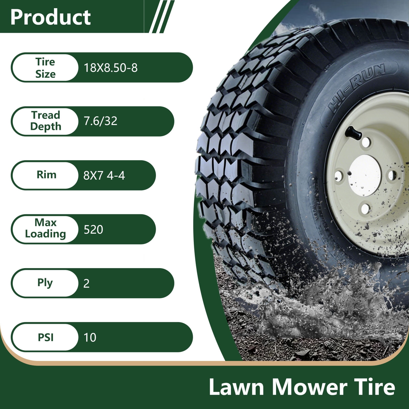 Hi-Run 2 Set SU12 18x8.50-8 2PR Lawn & Garden Tire & 8X7 4 Lugs on 4" PCD Wheel Assembly Fits 18X8.5-8, 18X8.5X8