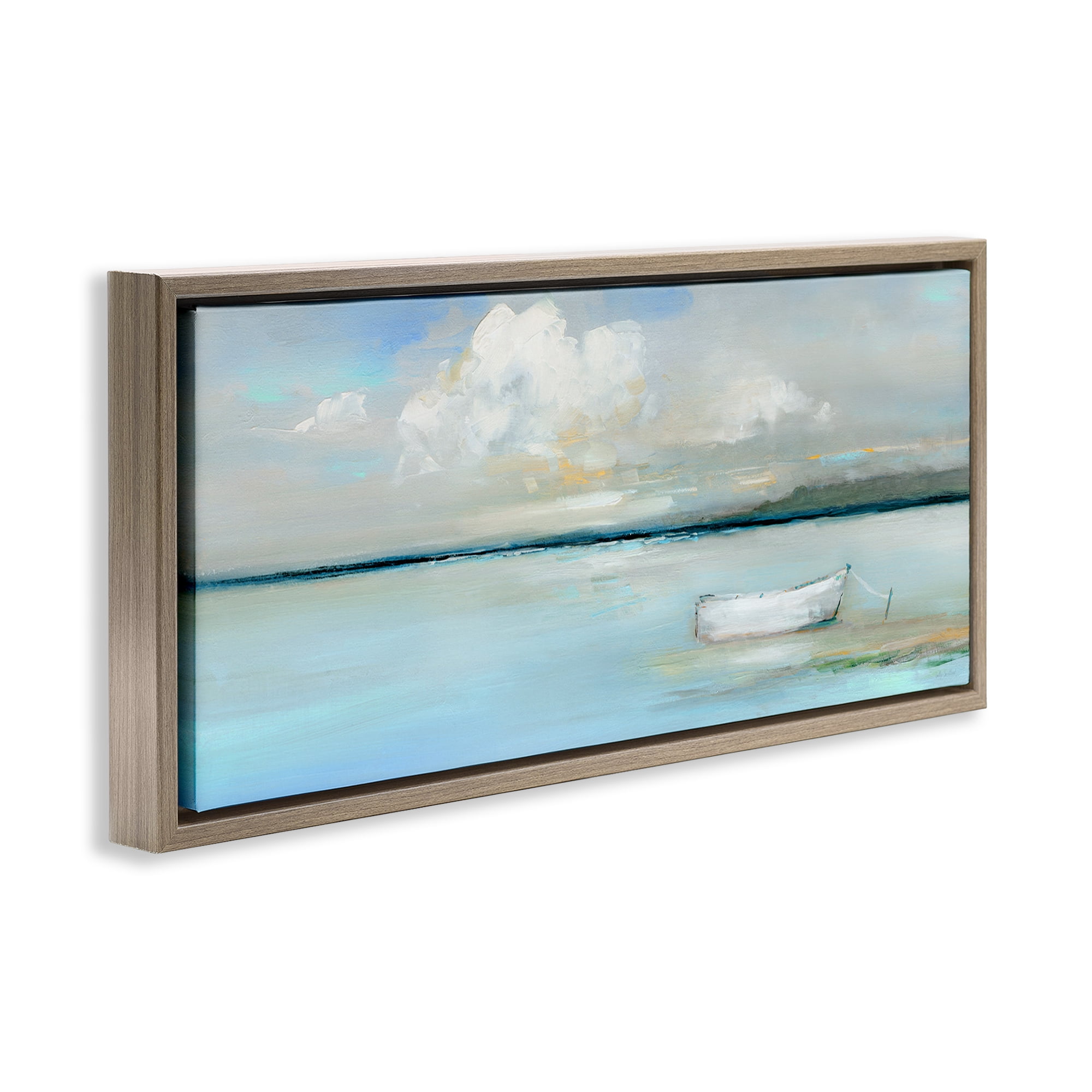 Stupell Industries Quiet Boat Docked Landscape Painting Brown Floater Framed Canvas Art Print Wall Art, 31 x 14