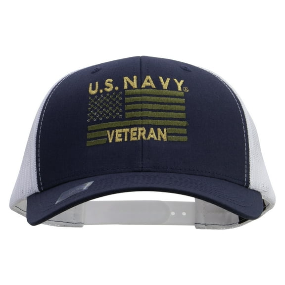 US Navy Veteran Flag Embroidered Contrast Trucker Cap - Navy White OSFM