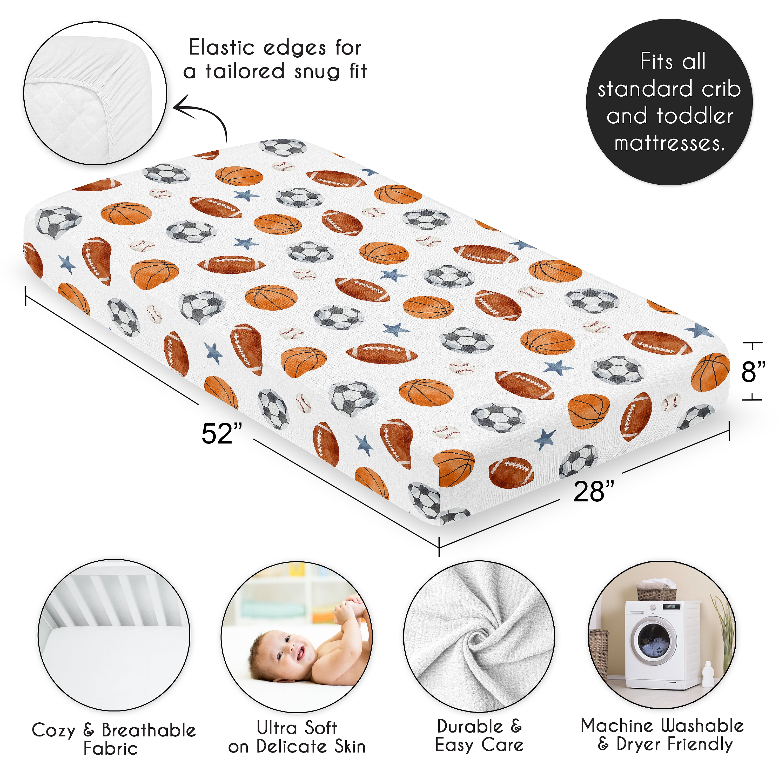 Sweet Jojo Designs Watercolor Sports Theme Boy 100% Cotton Muslin Fitted Crib Sheet
