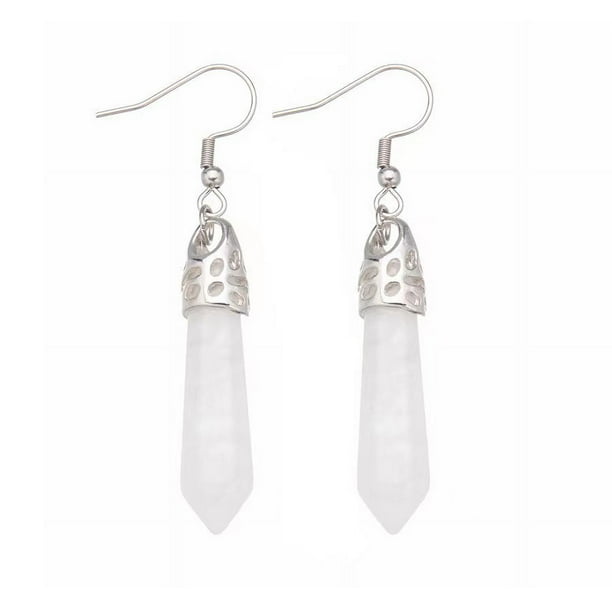 Nvzi Pendientes y aretes para hombre, pendientes de acero inoxidable con colgante hexagonal de una sola punta de cristal de piedra natural (blanco)