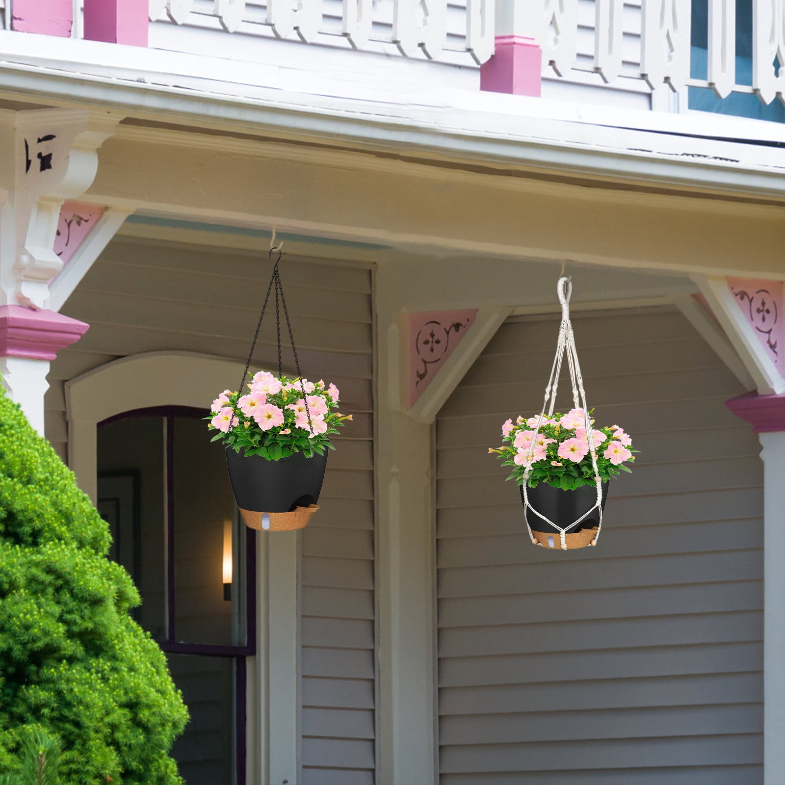 FIASON 2 Pack 10 Inch Matte Black Self-Watering Hanging Planters, Indoor Outdoor Flower Pots with Visual Water Reservoir, Drainage Holes & 2 Types of Plant Hangers for Garden Home Decor