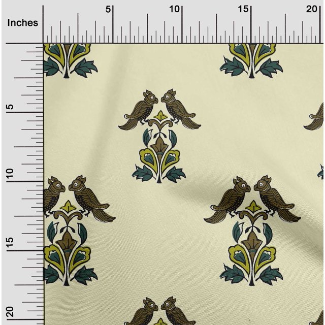 oneOone Georgette Viscose Fabric Leaves|Bird & Floral Block Print Fabric By Yard 42 Inch Wide