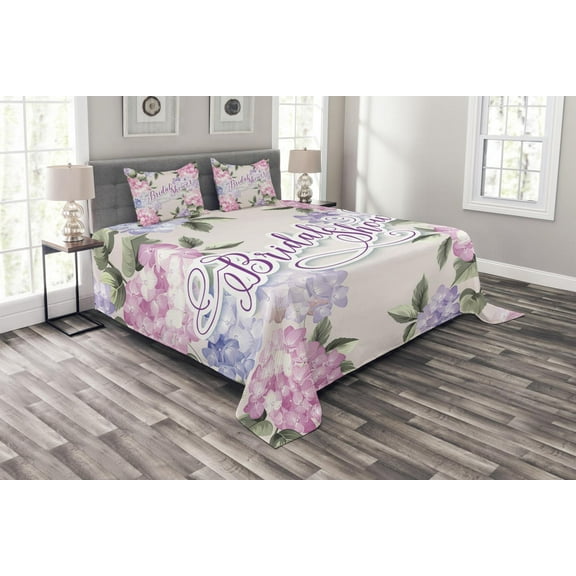 Ambesonne Shabby Flora Quilted Bedspread Set 3 Pcs, Bride Hydrangeas, King Size, Purple and Pale Pink