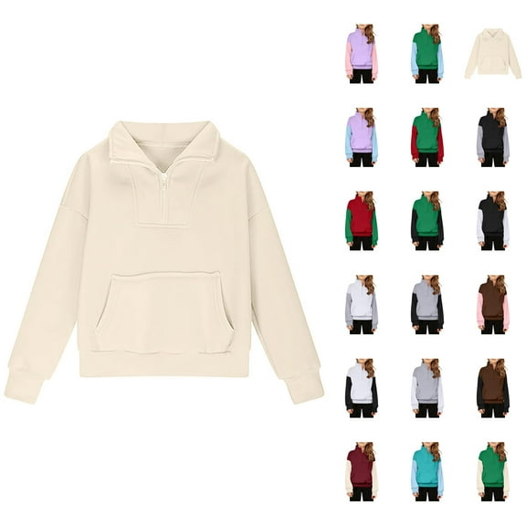 Half Zip Sweatshirts for Girls Boys Long Sleeve Stand Collared Thumb Hole Plain Sweatshirt with Pockets Pullover Tops