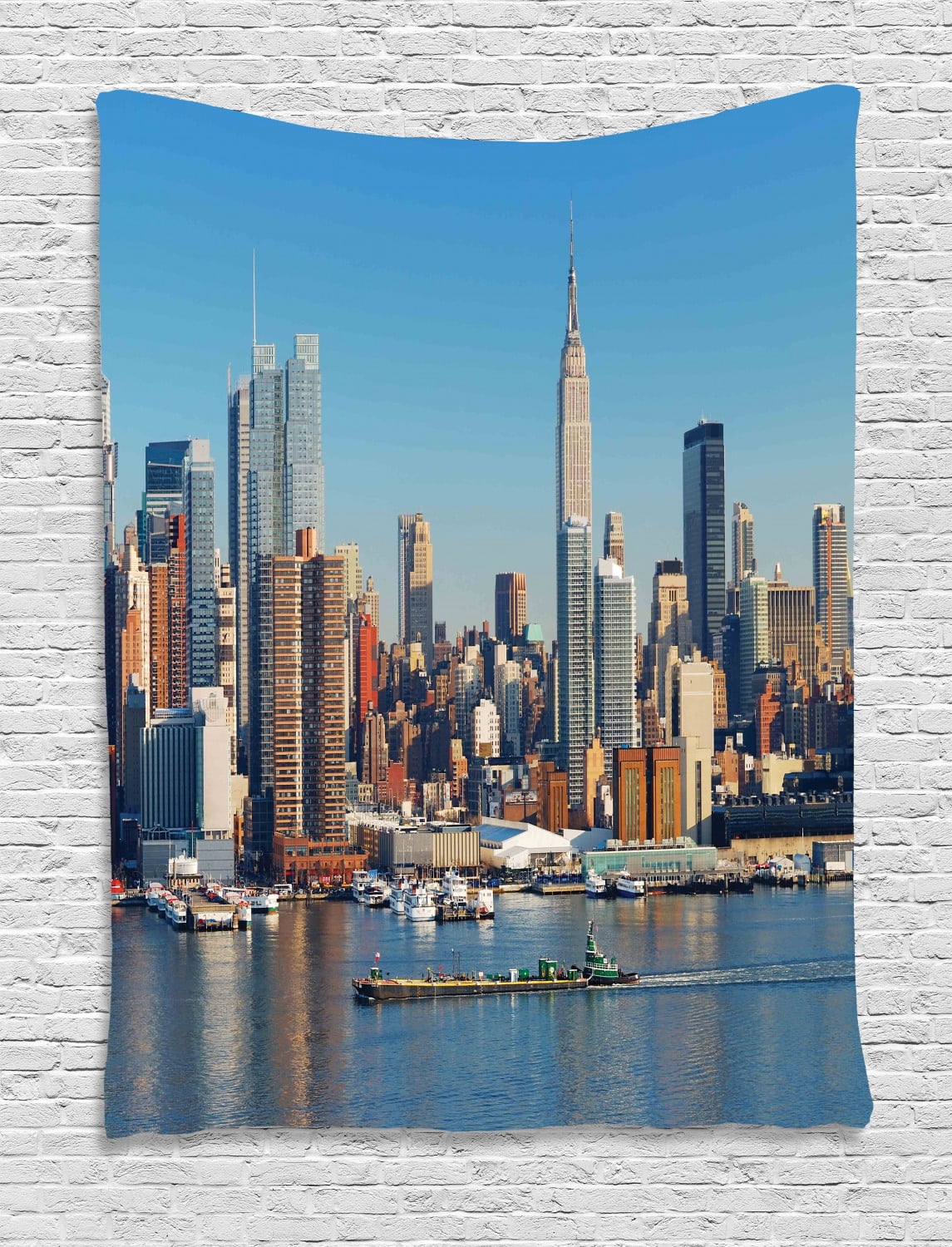 New York Tapestry, Urban City Skyline Manhattan with Empire State Building over Hudson River 