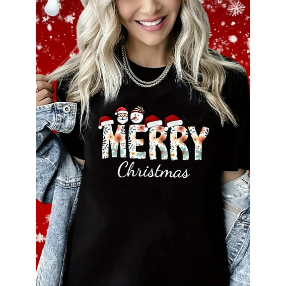 Woman Christmas Shirt Merry Christmas Graphic T-Shirt Casual Short Sleeve Top