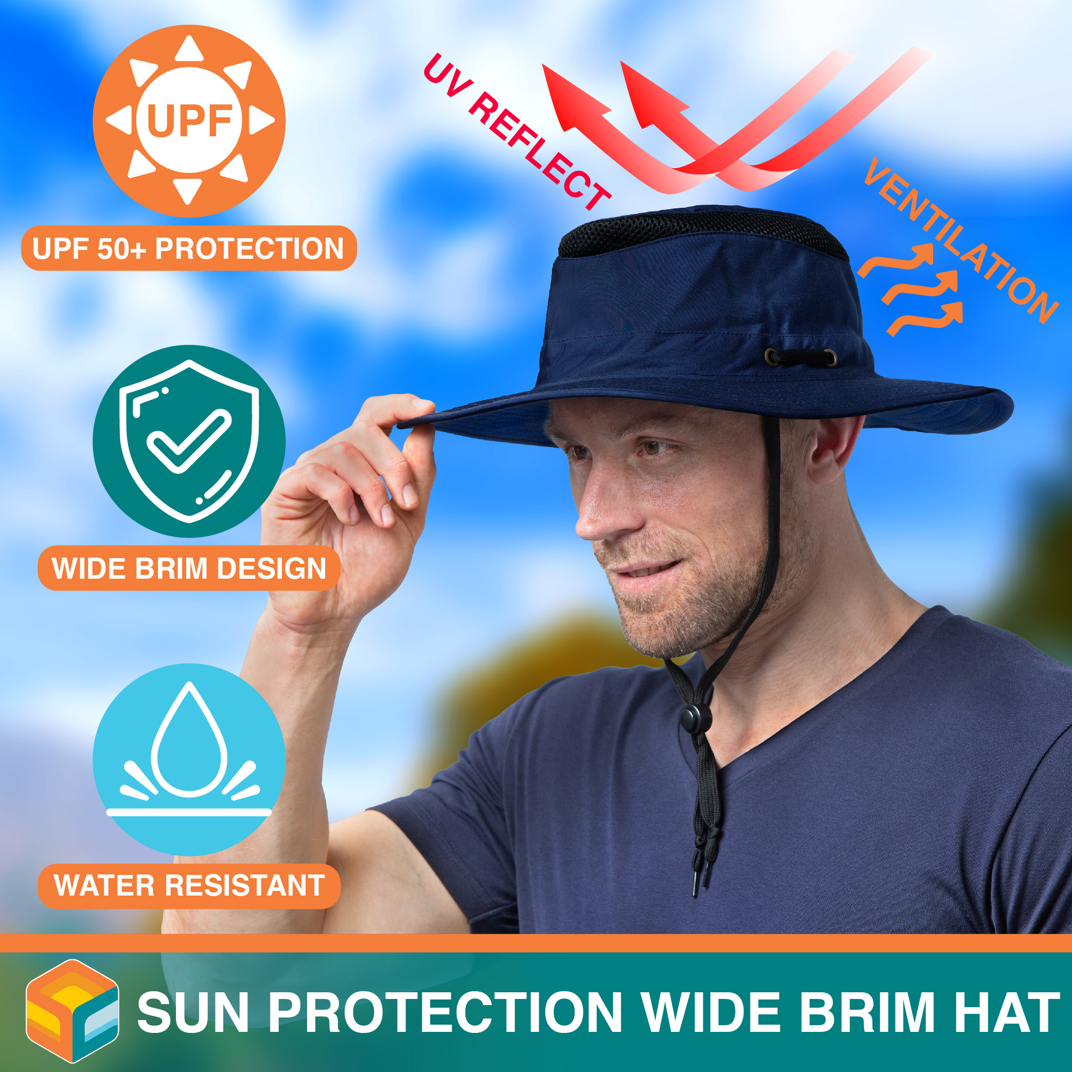 SUN CUBE Sun Hat For Men Wide Brim, Women Safari Hat, Hiking Bucket Hat UV Sun Protection, Boonie Hat Outdoor | Fishing Hat Summer For Sun Beach Camping UPF 50+, Navy Blue - image 2 of 8