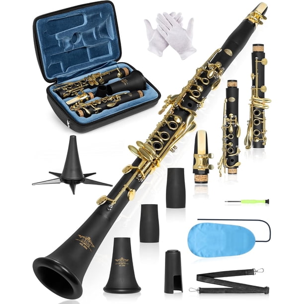 Clarinete AKLOT en Si bemol con llaves chapadas en oro y estuche de cuero