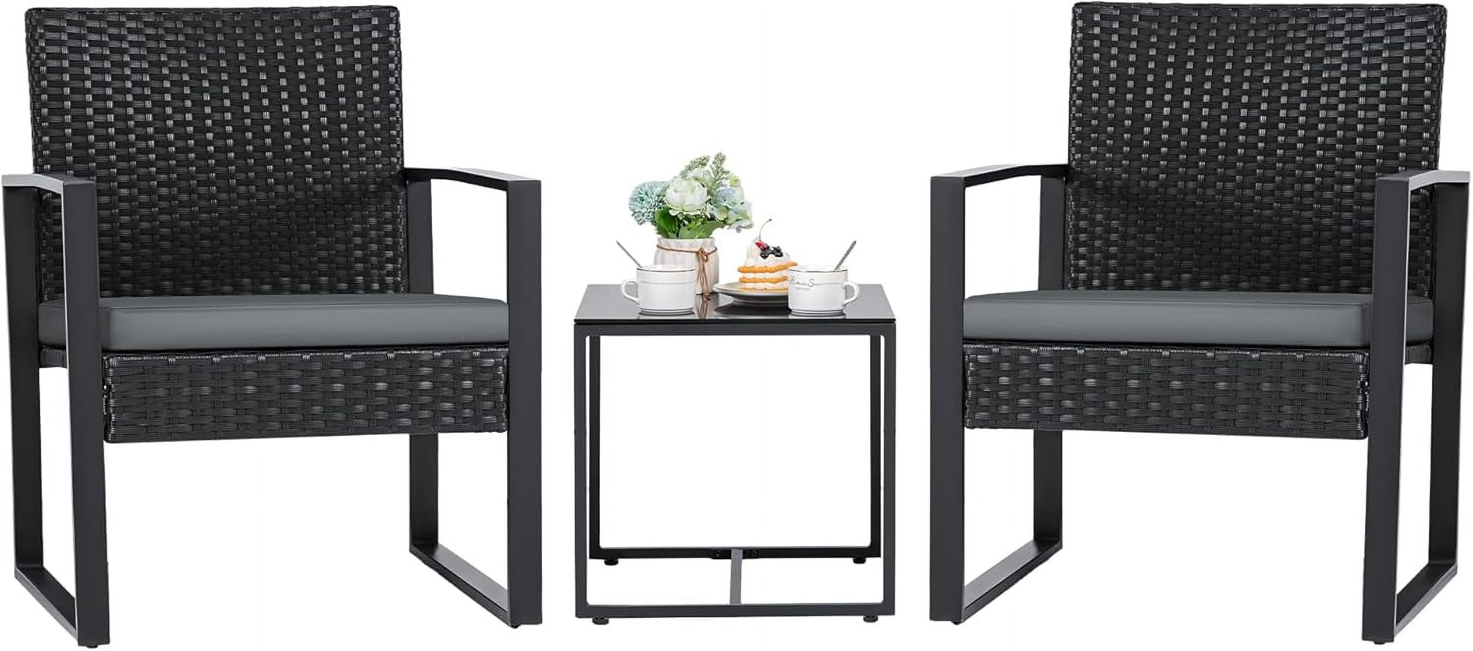 Lacoo 3 Pieces Patio Indoor Conversation Set Cushioned PE Rattan Bistro Chairs Set of 2 with Coffee Table, Black/Grey