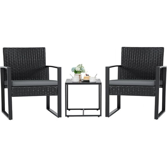 SAZYY 3 Pieces Patio Set Outdoor Wicker Furniture Sets Modern Rattan Chair Conversation Sets with Coffee Table for Yard and Bistro, Grey
