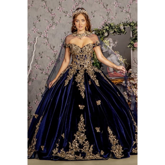 Women's GLS Gloria Navy Blue And Gold Quinceanera Dress Velvet Cape Ball Gown Gl3471 Size XL